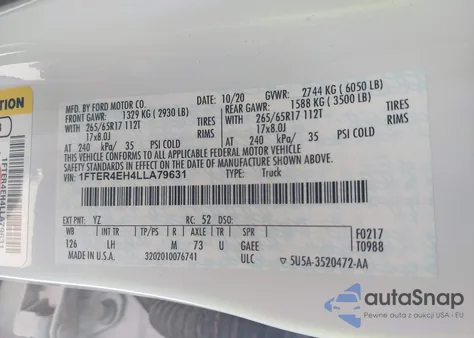 2020 Ford Ranger Xlt z USA, uszkodzony, nr VIN 1FTER4EH4LLA79631